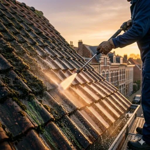 Démoussage et nettoyage haute pression d'une toiture en tuiles à Bruxelles