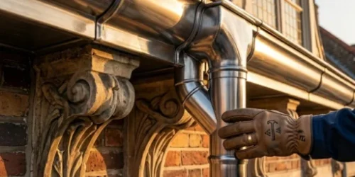 Gouttière en zinc soudée sur une façade Art nouveau à Bruxelles