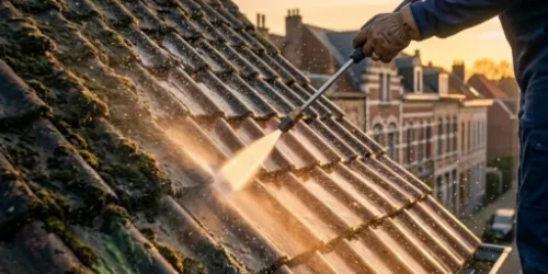 Démoussage et nettoyage haute pression d'une toiture en tuiles à Bruxelles